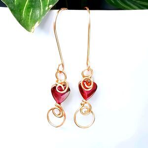 Plated Hematite Crystal Heart Dangle Earrings, Copper OOAK Jewelry